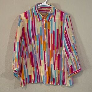 Vintage Silk Colorful Geometric Button-Up Blouse
